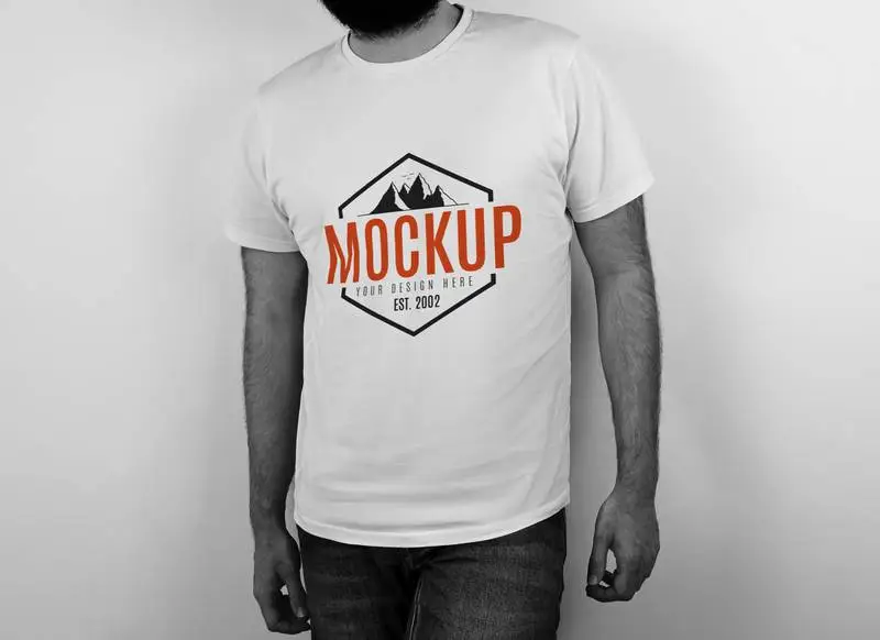 Black and White Mockup of Man Wearing White T-Shirt