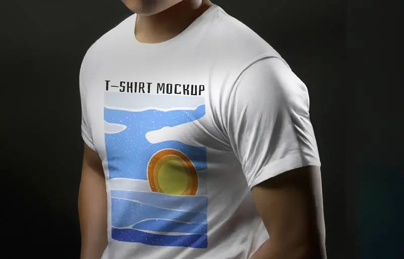 Mockup of Man in Profile with White T-Shirt on Dark Background
