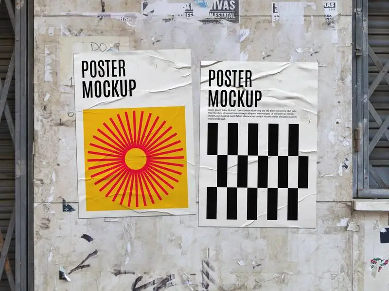 Mockup of a Couple of Crumpled Posters on a Grunged Tile Background
