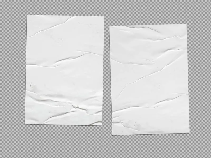 Two White Crumpled Posters on Transparent Background