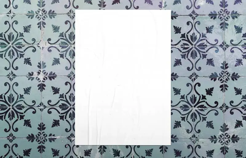 Plain White Poster Glued on Blue Portuguese Tile Background