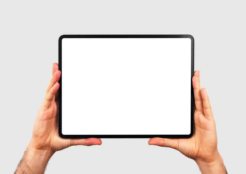 Hands Holding a Plain White Horizontal Tablet