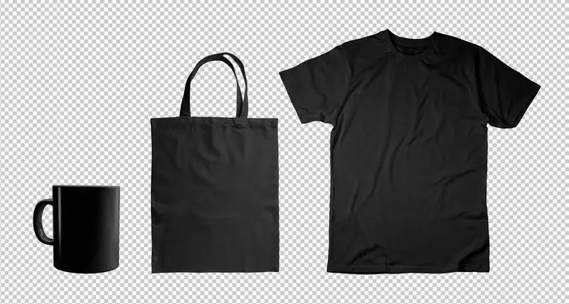 Pack of Black T-shirt, Tote Bag and Mug on Transparent Background
