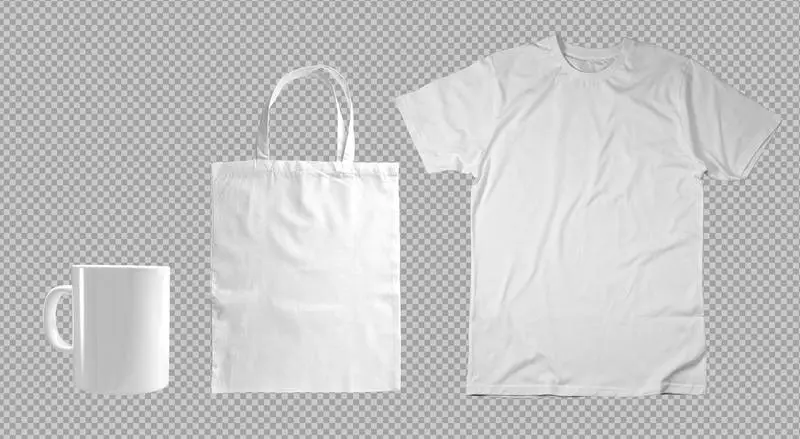 Pack of White T-shirt, Tote Bag and Mug on Transparent Background