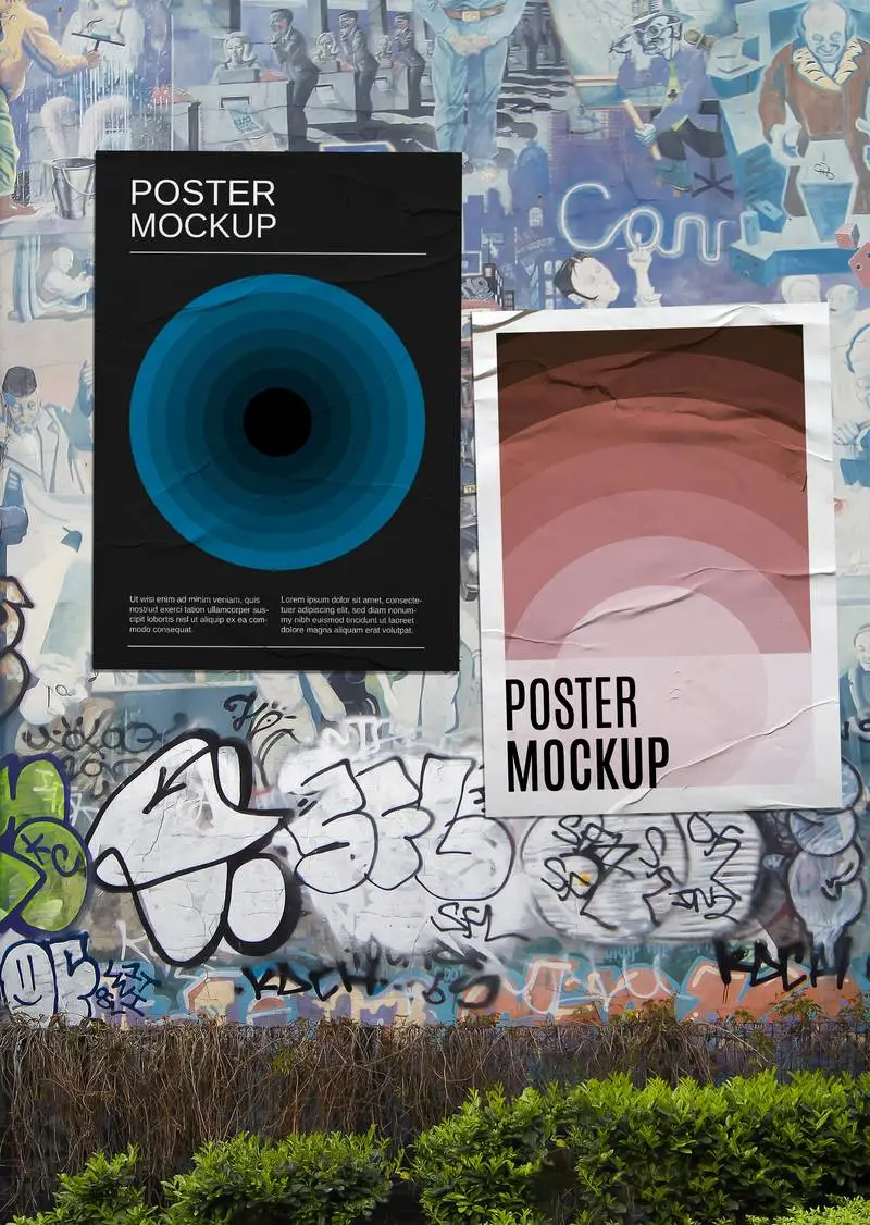 Pack of Crumpled Posters on a Graffiti Wall Background