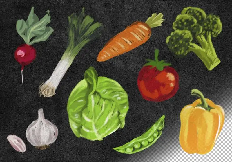 Collection of Hand Drawn Vegetables Illustrations in Chalk on a Blackboard Surface