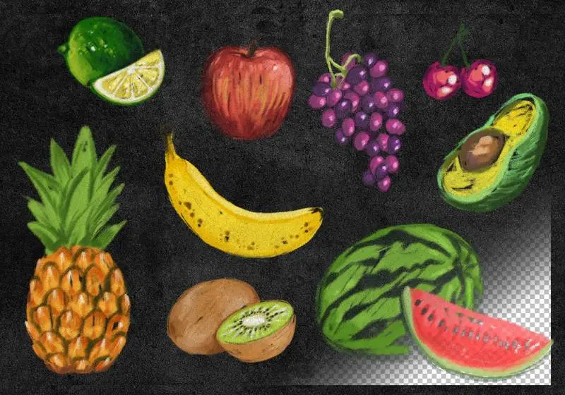 Collection of Hand Drawn Fruit Illustrations in Chalk on a Blackboard Surface
