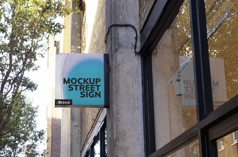 Retail Sign Mockup with Reflection on Glass Wall and Street with Trees