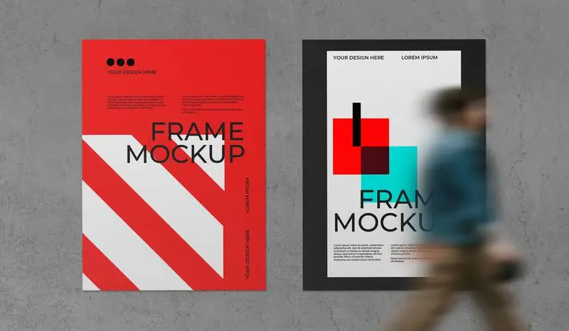 Mockup of Poster Pack on Wall with Walking Man