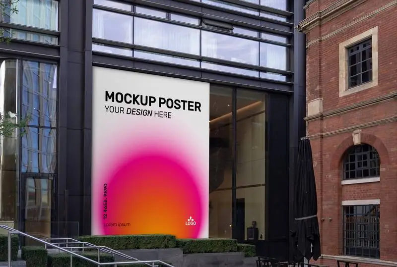 Mockup of AD Panel Advertisement on Modern Glass Building Façade