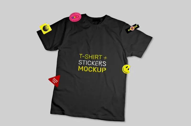 Mockup of Black T-Shirt with Coloured Stickers
