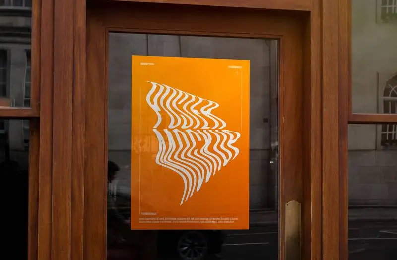 Poster Mockup on Elegant Wooden Door with Street Reflection