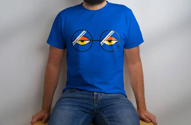 Mockup of Seated Model in Blue T-Shirt