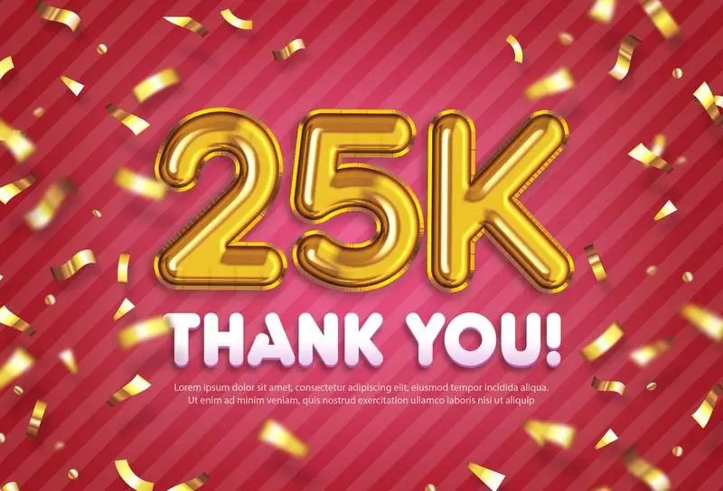 Celebration Banner for 25K Followers with Gold Confetti and Pink Background