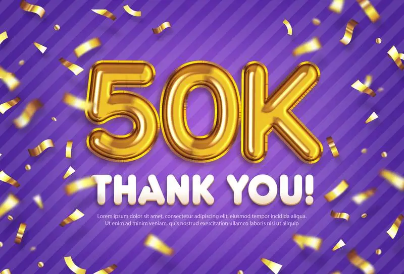 Celebration Banner for 50K Followers with Gold Confetti and Orange Background