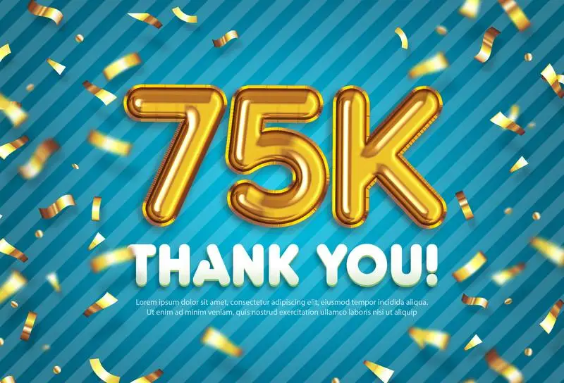 Celebration Banner for 75K Followers with Gold Confetti and Green Background