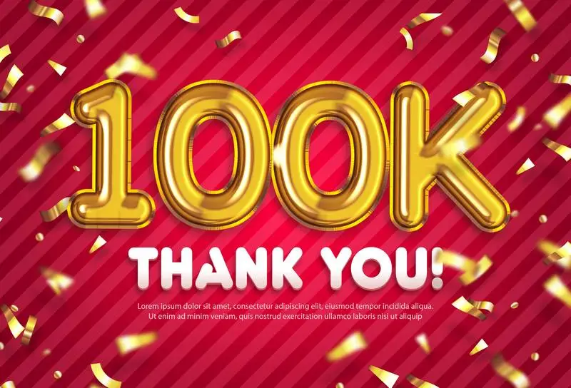 Celebration Banner for 100K Followers with Gold Confetti and Red Background