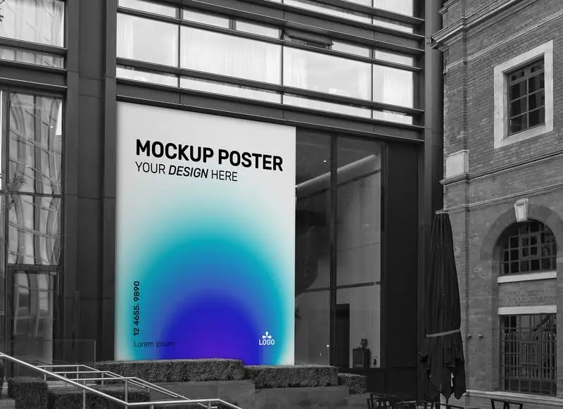 Mockup of AD Panel Advertisement on Modern Glass Building Façade in Black and White