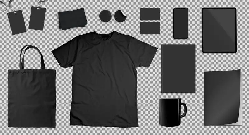 Set of Black Merchandising Items Over Transparent Surface