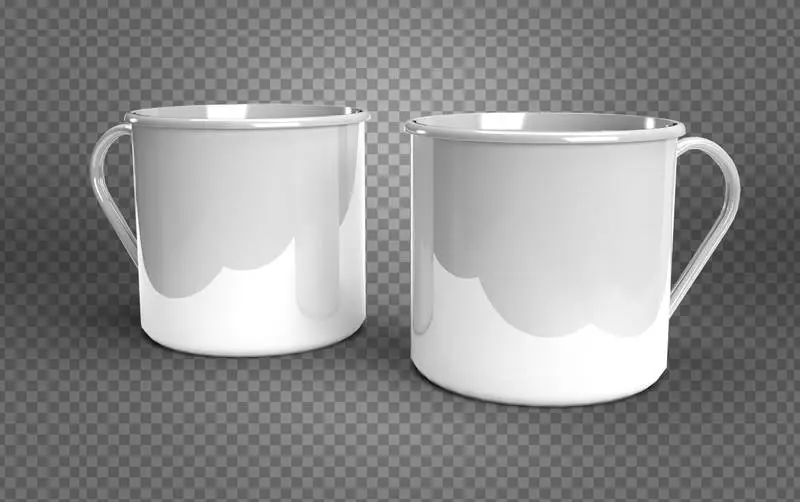 Set of White Metallic Mugs Over Transparent Surface