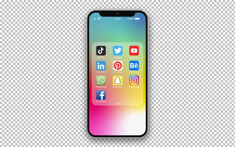 Realistic Phone with Social Media Menu on Transparent Background