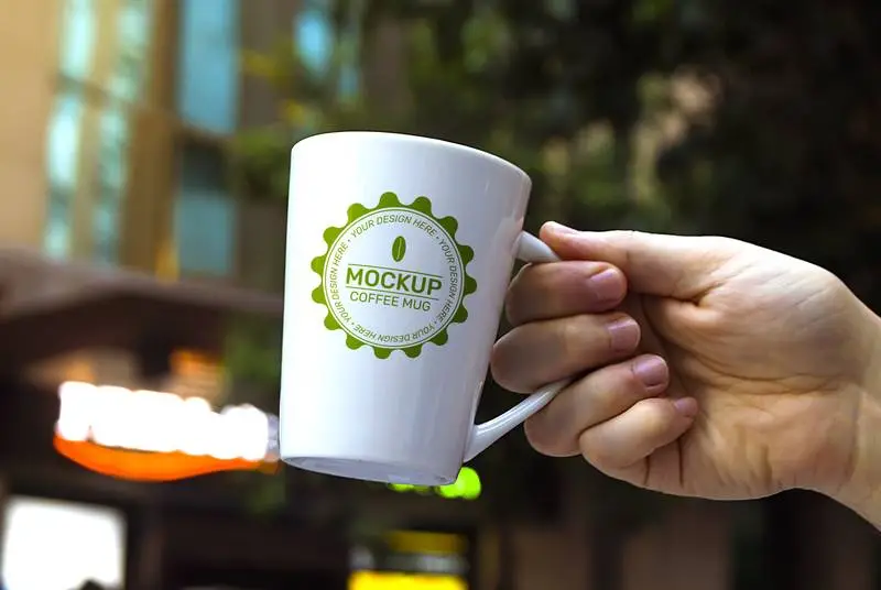 Mockup of White Coffee Mug Design in Outdoor Scene