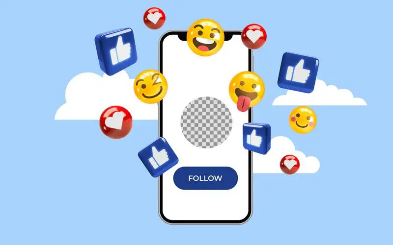 Banner to Follow with 3D Icons on a Smartphone with a Cloud Background