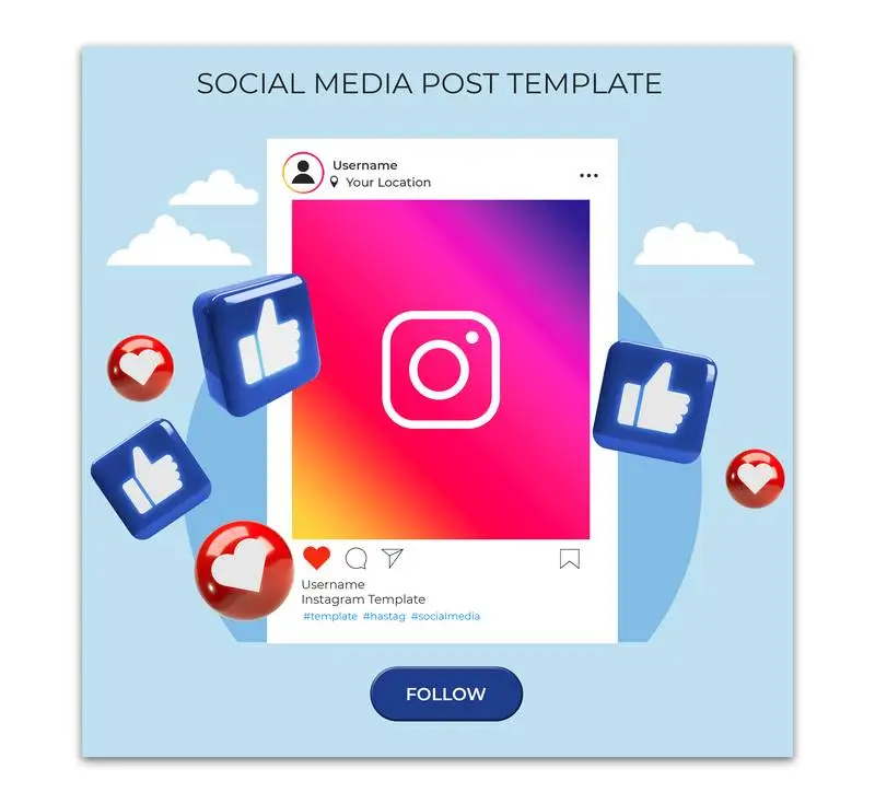 Social Media Post Template with Instagram Window and 3D Icons