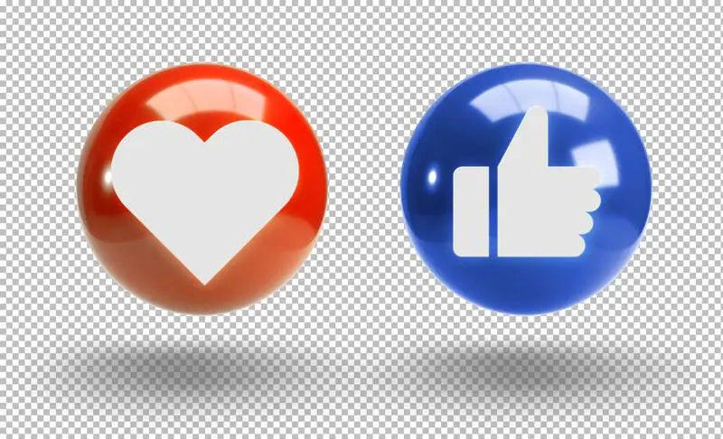 Pack of 3D Glowing Icons Like and Heart on Transparent Background