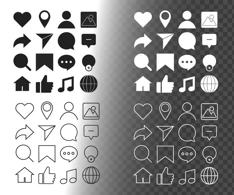 Collection of Black and White Icons for Media and Marketing on a Transparent Background