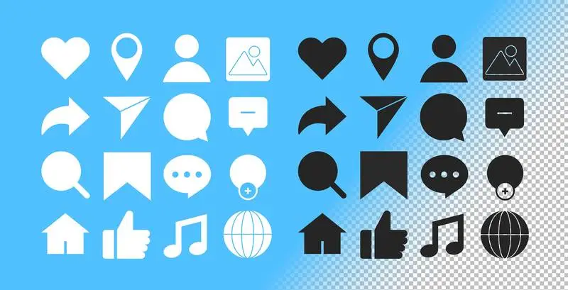 Black and White Media and Marketing Icon Set on Transparent Background