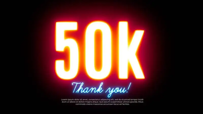 Neon Banner for Celebrating 50k Followers on Black Brick Wall
