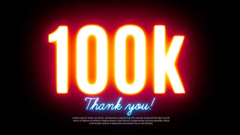 Neon Banner for Celebrating 100k Followers on Black Brick Wall