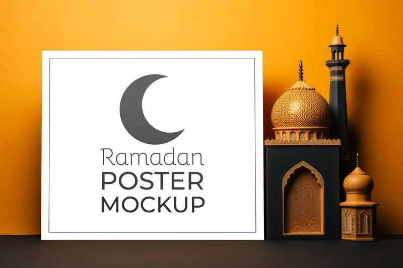 Mockup of White Poster with Miniature Arabian Building on Yellow Background for Ramadan