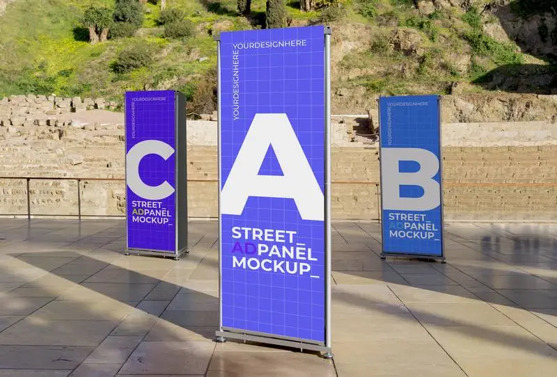 Mockup of AD Panel Collection in the Street with Roman Building in the Background