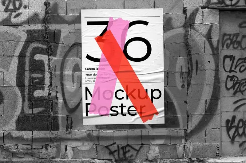 Mockup of Poster on Wall with Black and White Graffiti