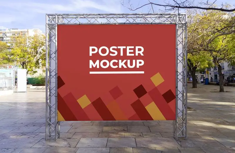 Mockup of Banner on Metal Structure for an Event in a City Square with Trees