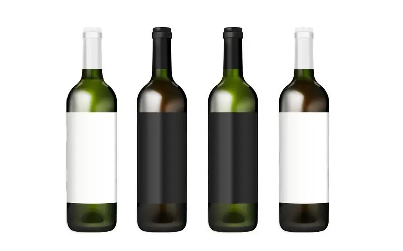 Pack of Sealed Bottles of Red and White Wine with Black and White Labels on White Background