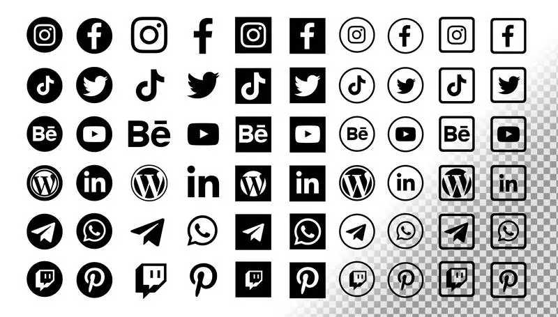 Collection of Black Social Media Icons and Banners on a Transparent Background