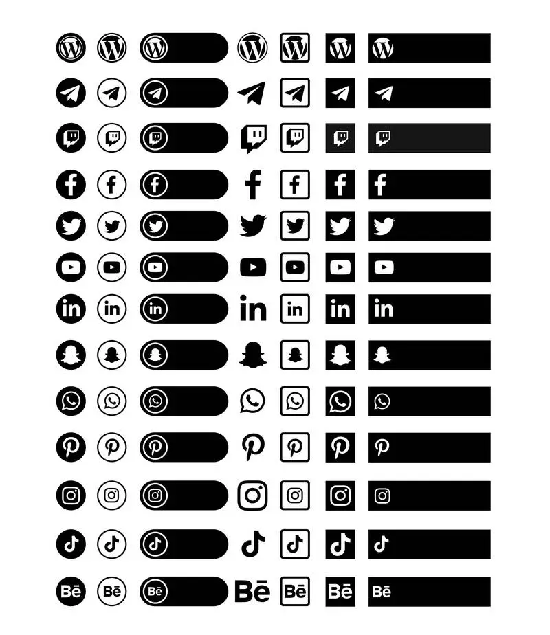 Set of Black Social Media Icons and Banners on a White Background