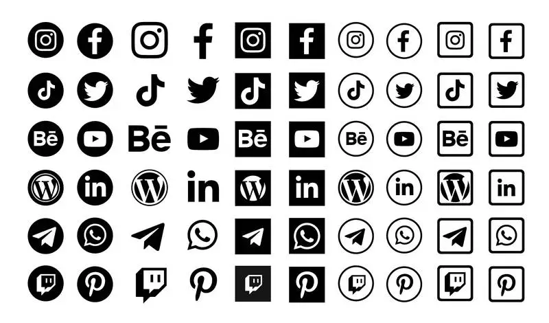 Collection of Social Media Icons with Mixed Black on White Background Styles