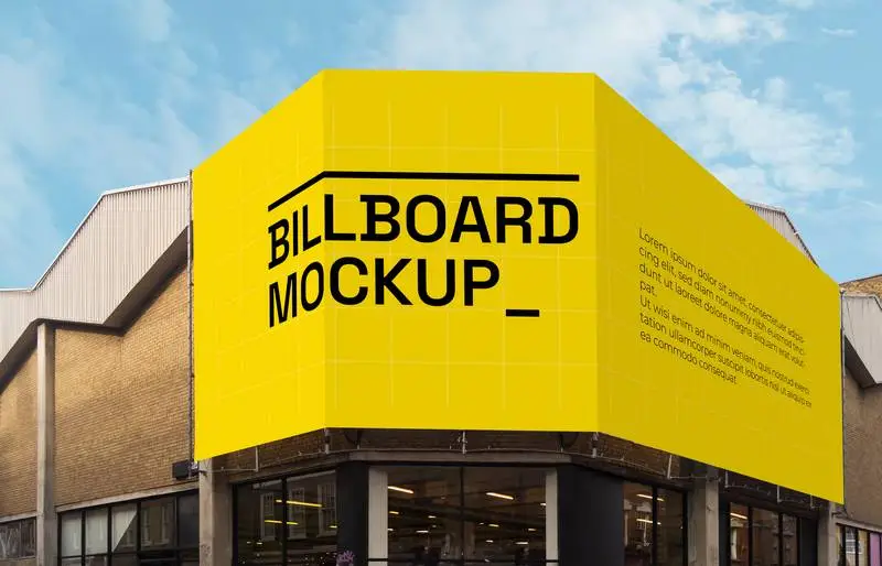 Billboard Mockup on Brick Building with Cloud Background