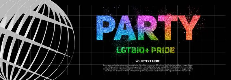 Modern Pride Party Banner with Glitter Text on a Black Background