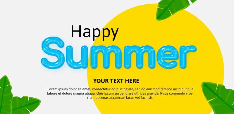 Colourful Banner with Inflatable Text for Summer with Leaves on a White Background