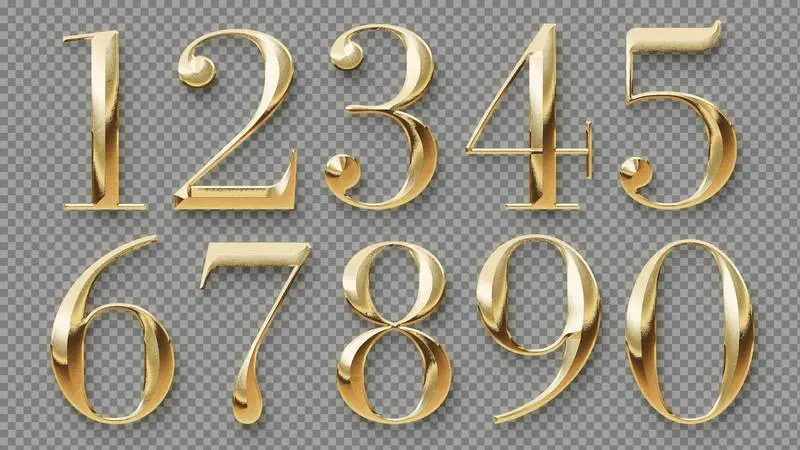 Set of Gold Metallic Numbers on Transparent Background