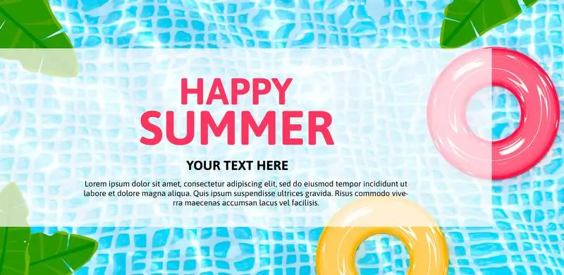Colourful Banner with Inflatable Text for Summer on a Pool Background