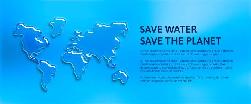 Banner to Save the Planet with Water World Map on a Blue Background