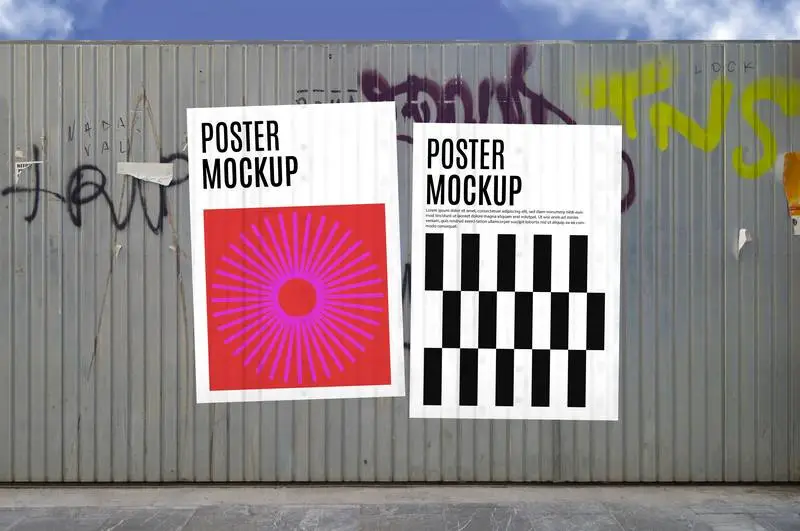 Mockup of Poster Pack on Metal Fence on Street with Blue Sky