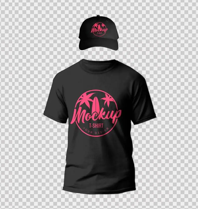 Mockup of Black T-Shirt and Cap Pack on Transparent Background