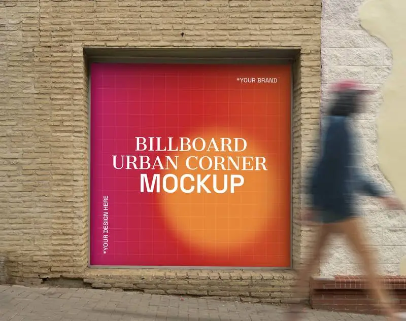 Mockup of a Square Poster in a Brick Niche in a Street with a Person Walking